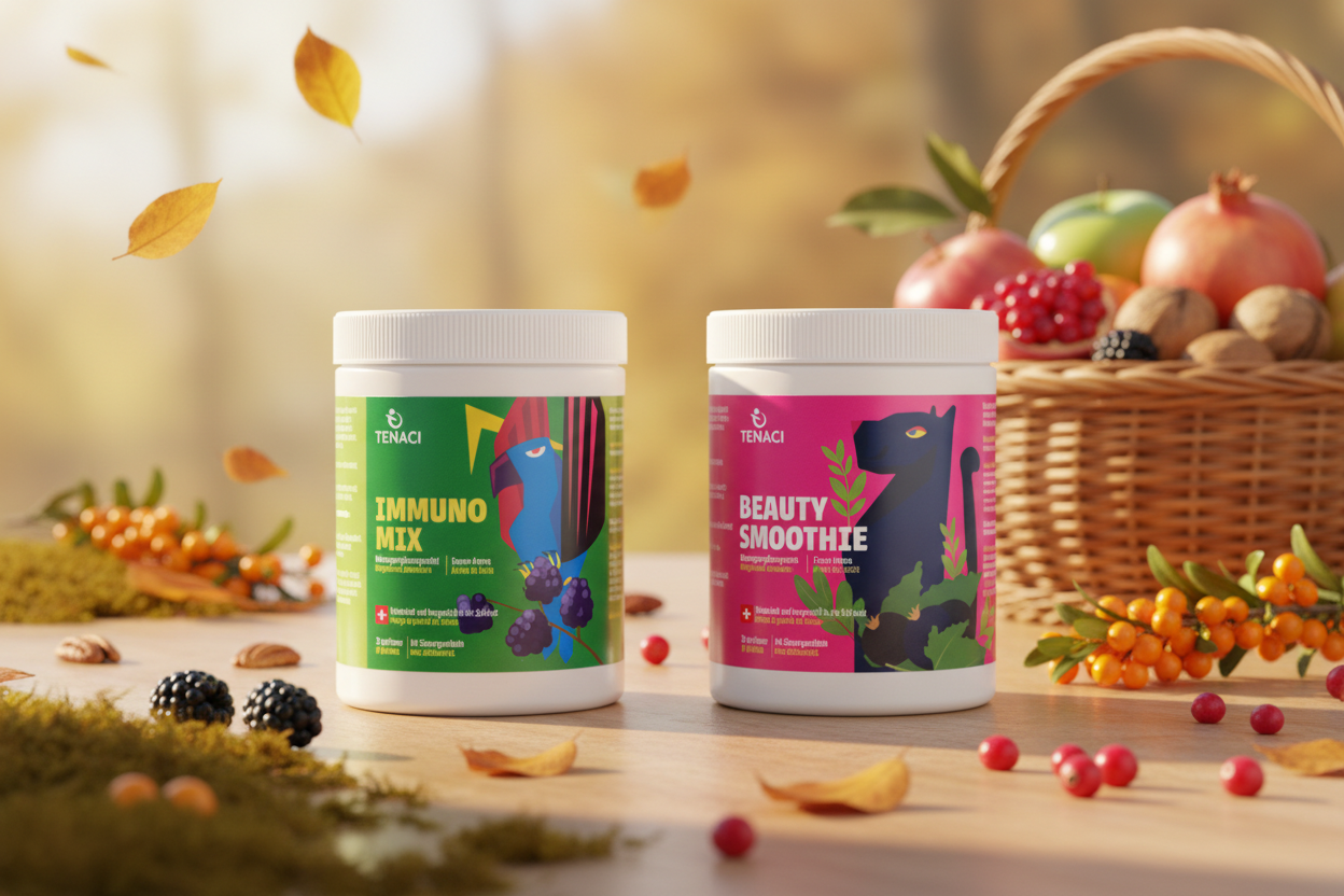 Autunno Radioso TENACI con Immuno Mix e Beauty Smoothie affiancati in un'ambientazione autunnale