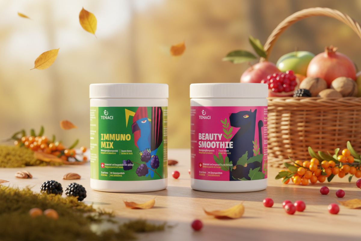 Autunno Radioso TENACI con Immuno Mix e Beauty Smoothie affiancati in un'ambientazione autunnale